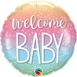 Round pastel balloon with "welcome BABY" text and gold dots
