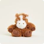 Brown and white plush horse toy sitting on a white background