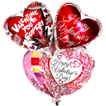 Three heart-shaped Valentine’s Day balloons with red and pink designs