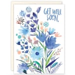 Get well soon card with watercolor blue and purple flowers