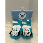 Pair of baby owl socks in a blue retail package