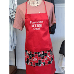 Red apron with "Favorite Utah Chef" text and University of Utah logos