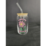 Clear glass tumbler with bamboo lid and straw, decorated with a pink daisy graphic
