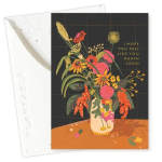 Floral greeting card with a vase of colorful flowers and a get-well message