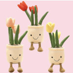 Three plush tulip plants in smiling pots on a pink background
