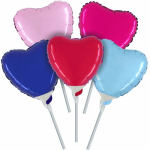 Five heart-shaped balloons in pink, red, blue, and light blue