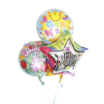 Three birthday balloons with colorful printed designs