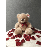 Teddy bear with a red ribbon sitting among rose petals