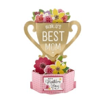 Trophy-shaped floral gift with colorful paper flowers and a Mother's Day label