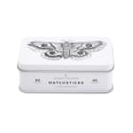 White metal tin of long-burning matchsticks with a moth illustration