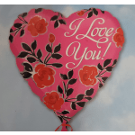 Pink heart-shaped balloon with floral print and "I Love You!" text