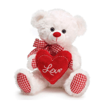 White teddy bear holding a red heart with "Love" text