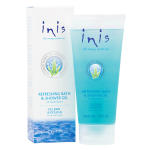 Two Inis seaweed-extract bath and shower gel products in blue and white packaging