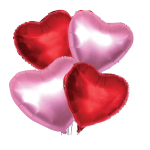 Four heart-shaped foil balloons in red and pink