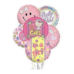 Cluster of pink baby girl balloons with a smiley face and text