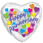 Heart-shaped balloon with "Happy Anniversary" text and colorful hearts