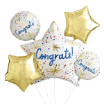 Cluster of congratulatory foil balloons in gold and white