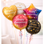 Red anniversary balloon with gold confetti and ribbon curls