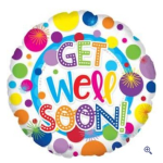 Round balloon with colorful dots and the words Get Well Soon