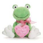 Green frog plush holding a pink heart with a ribbon bow