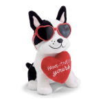 Plush dog wearing red heart-shaped sunglasses and holding a red heart pillow