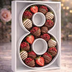 Number 8 box filled with chocolate-covered strawberries