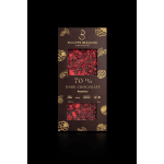 Box of dark chocolate raspberry bar with visible fruit pieces