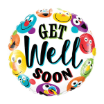 Round balloon with colorful faces and the words "GET Well SOON"