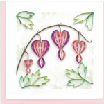 Paper quilled hearts hanging from a curved branch on a white background
