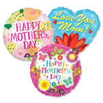 Three Mother’s Day heart-shaped balloons with floral designs
