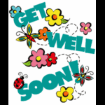 Colorful graphic with flowers, butterflies, and the words "GET WELL SOON"