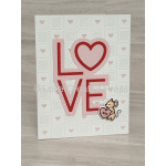 Pink and red love-themed greeting card with a small mouse holding a heart