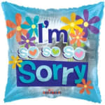 Square blue mylar balloon with 'I'm so so so Sorry' text and colorful cartoon flowers