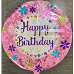 Round pink birthday balloon with floral patterns and purple text
