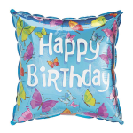 Blue birthday balloon with butterflies and the words Happy Birthday