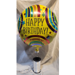Round birthday balloon with rainbow stripes and a ribbon spool