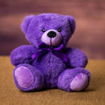 Purple teddy bear with a matching ribbon sitting on a fabric surface