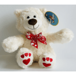White teddy bear with a red heart-patterned bow and heart paw pads