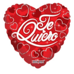 Heart-shaped red balloon with white script text and scattered heart motifs