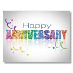 Happy Anniversary greeting card with colorful glitter text and confetti