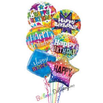 Cluster of colorful birthday balloons with printed messages