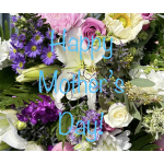 Mixed bouquet with white lilies, pink and purple roses, and purple daisies