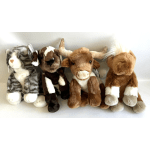 Four plush animal toys arranged side by side on a white surface.