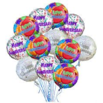 Cluster of colorful happy anniversary balloons with silver balloons