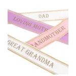 Decorative satin ribbons printed with family titles like Dad and Grandmother