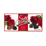 Box of assorted chocolates with red roses on the package