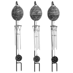 Three memorial wind chimes with engraved metal plaques and hanging tubes