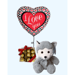 Heart-shaped love balloon with chocolates and a plush wolf toy