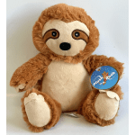 Brown plush sloth toy with a blue hang tag