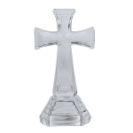 Clear glass cross-shaped decorative piece on a white background